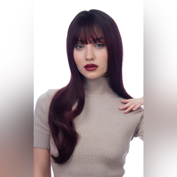 25 inch Burgundy with Dark Roots Synthetic Fiber Wig - Picture 5 of 7
